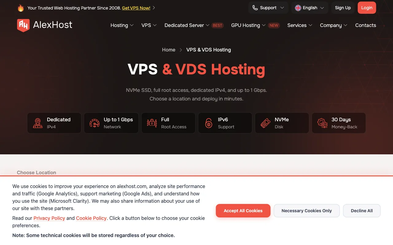 AlexHost Live Website & Control Panel Screenshot