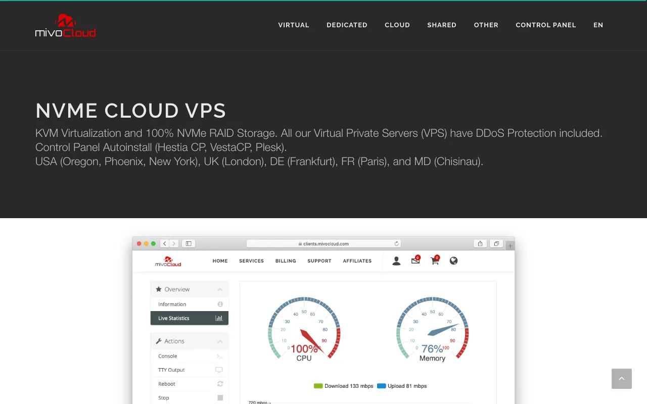 MivoCloud Live Website & Control Panel Screenshot