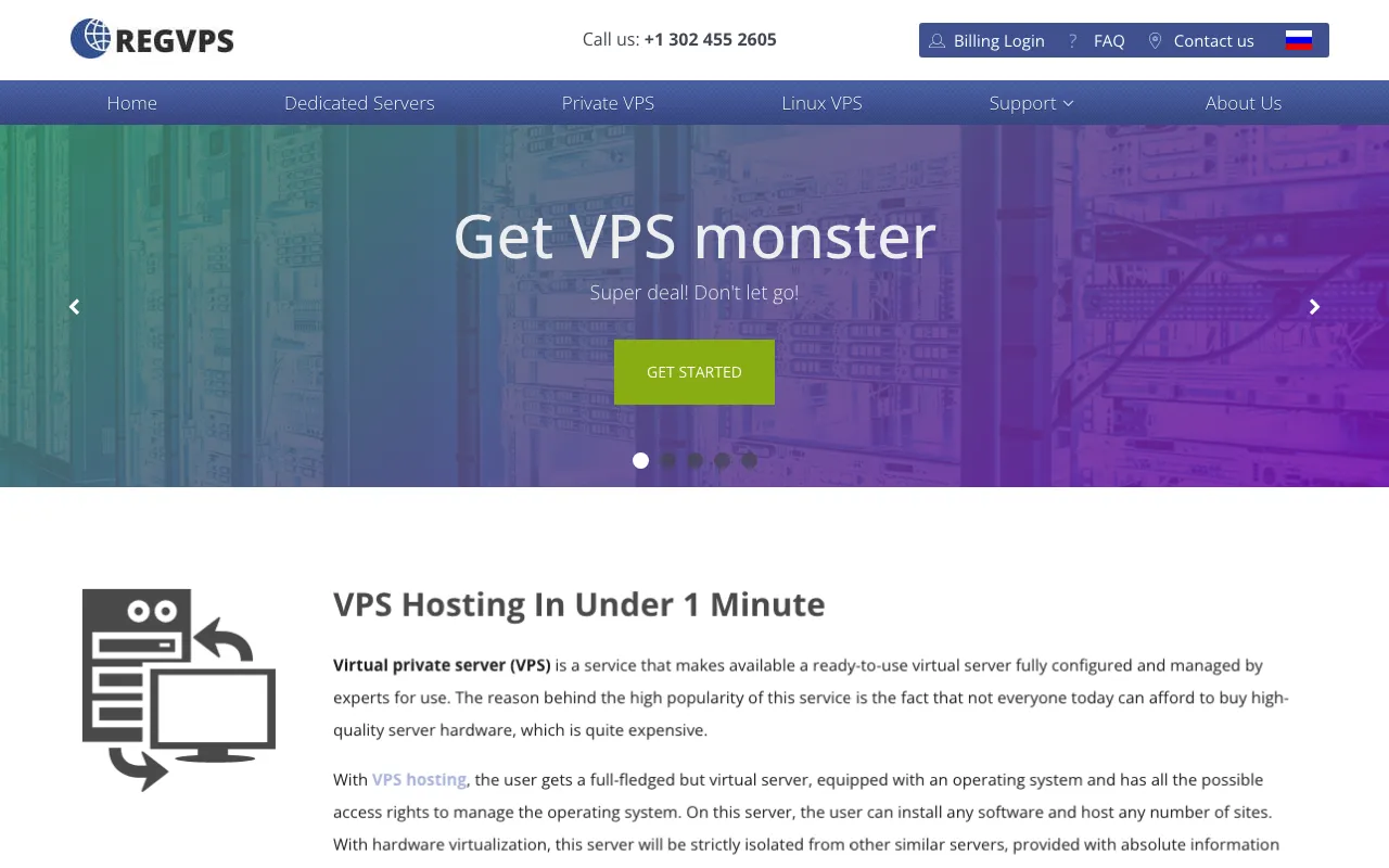RegVPS Live Website & Control Panel Screenshot