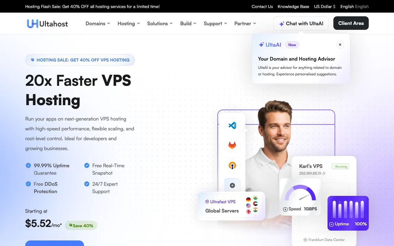 Ultahost Live Website & Control Panel Screenshot